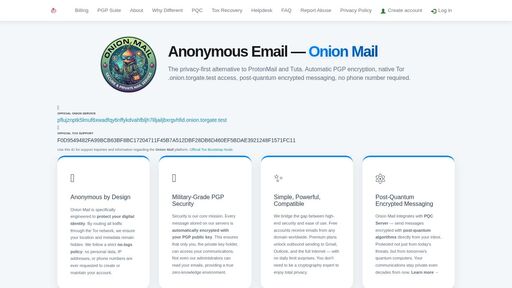 screenshot of Onion Mail — Anonymous Encrypted Email | ProtonMail & Tuta Alternative - pflujznptk5lmuf6xwadfqy6nffykdvahfbljh7liljailjbxrgvhfid.onion