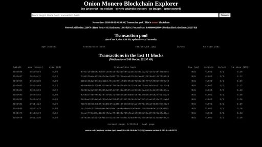 screenshot of Onion Monero Blockchain Explorer - http://ol7qm5adqvvn5gdguuxykeos36vlncd7v53jjc25gewc5rxpyq45h6id.onion/txpool