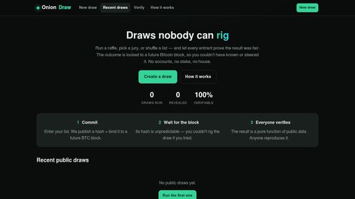 screenshot of OnionDraw — provably-fair raffles & random draws over Tor - uoodsoob4ffyoagalwlqavciqoksmws5icrpqnsqfgjnm62bxbposkad.onion