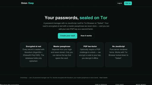 screenshot of OnionKeep — a password manager on Tor - d7bwlz6f35vsfwiq3nfqkrygpzrxvn3gsnjzlhckbt3czffpb4eoypyd.onion