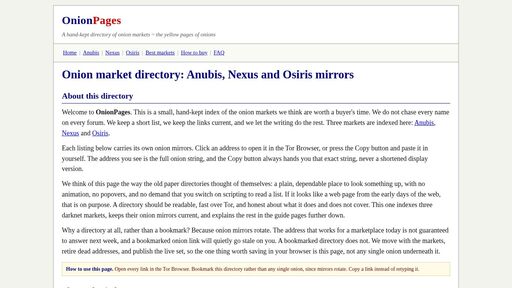 screenshot of OnionPages - the directory of Anubis, Nexus and Osiris - onipage5fcvzmxbdnnc4bboumv7x7ep72hikokoi2arsvoewn4wjqiqd.onion