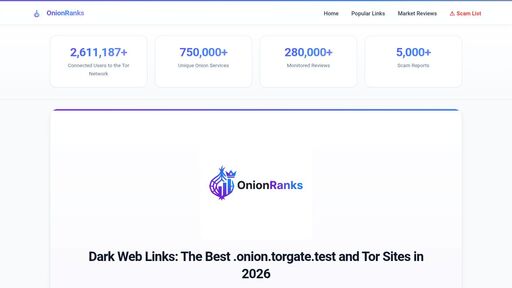 screenshot of OnionRanks | Dark Web Links | Darknet Rankings | Tor Sites Guide 2026 - rankingpr4bgpctqp52cu2pskocswnk6d2epyqgektomtse7xot5rqid.onion