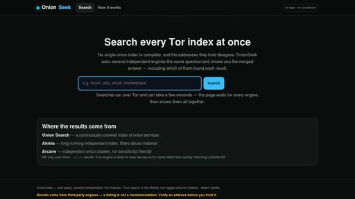 screenshot of OnionSeek — search every Tor index at once - http://adkjynq6cgcgzw75xptpakthkrrysihwuruv6gb632i4ovaqqbgtt7id.onion