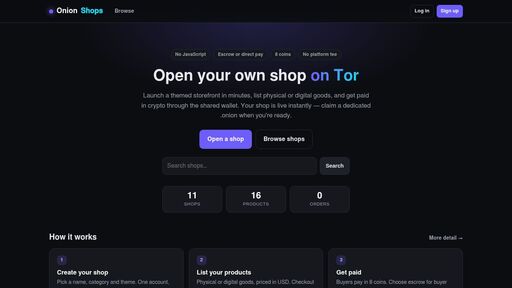 screenshot of Browse shops — OnionShops — open your own shop on Tor - http://gye6aerfcvearysht6xanotxweqtrzj7cwbqajarleyv565iwt3inpqd.onion/browse