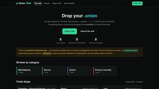 screenshot of OnionWall — drop & browse .onion links - o5gwx7shuwpz6i2hbqwo2o2qzcroumymreahey2cl3dm5yr2iqhhkyyd.onion