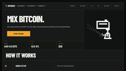 screenshot of OpenMix Bitcoin Mixer | Private BTC Mixing Interface - openmix5cbghzq25njwv6ujr7sjsofydcezvyysrzm5tl4z2u2uwblqd.onion