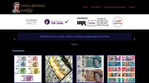 screenshot of Pablo Escobar Market - Counterfeits, Money Transfer, Gift Cards, Crypto Wallet - http://d6om3xbmwg4xoibtj77nkuevcnzbwpfzueei2cw434p6mbwnb5j2meid.onion