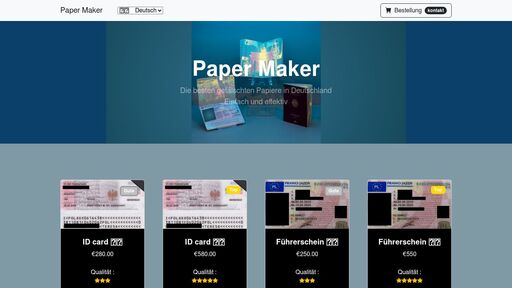 screenshot of Paper Maker - Professioneller Fälscher - Deutsche Führerschein, Personalausweis, Reisepass, Fahrzeugschein - http://w7zvmvfamp53vazf3s2h7fz45whz4tzgoelimnqcmcn5oac42sn6hoyd.onion