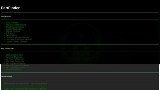 screenshot of PartFinder - Professional Hacking Services - 7k33oamybjzrvgvlhyxzksipjrcj5vbgo73awqwfq43cetjxwaglhcad.onion