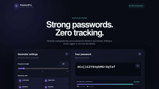 screenshot of PasswordFox — Secure Password Generator - juwdm7jkgihsb6ii6dfvg5wyqvfaw43sksgsyoh6ewylhevgqabfwjid.onion