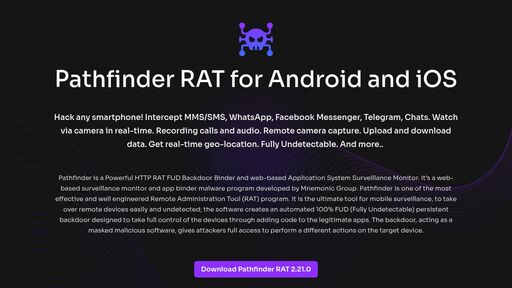 screenshot of Pathfinder – RAT for Android and iOS - pathfndrgdglzss5yjapnuzltuscm72e42wh4spskgrqb7m2gsc4yvyd.onion