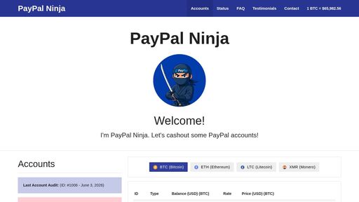 screenshot of PayPal Ninja - PayPal Cashout Service - ninja5eps4gglpqbqwn237s3sg33h7qpm4mxce6cx2vs55jcpk5ajeid.onion