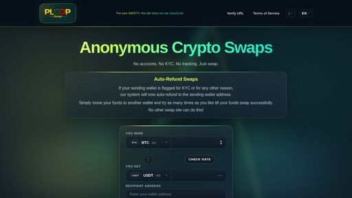 screenshot of PLOOP Swap — Anonymous Crypto Swaps - ploop2imfj6rzgg2mjnocwxeqgefy3rurmwlm36xxlf5ltmaxitwscqd.onion