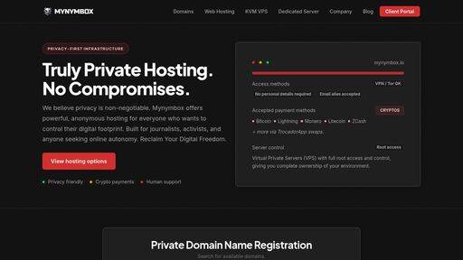 screenshot of Privacy friendly hosting solutions and domain registrations - Mynymbox - mynymecyaiv7t55qiggp76rzqz35si5g7nzdh3yci4wiqbmlwqg7xeyd.onion