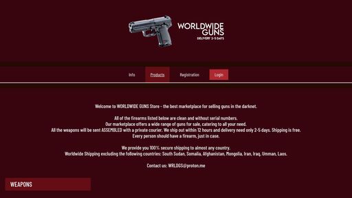 screenshot of Registration - WOLRDWIDE GUNS - http://rsh6u6qzzgscatg535t25ms7b6stlzdn7seeofqlmuwrkjcfsf3hrhid.onion/registration.php