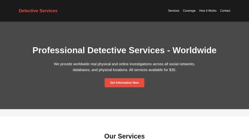 screenshot of Professional Detective Services - Worldwide Coverage - o7zwj3drb4gfcbnd4mvge4cxqpwjllujpn67m2pwgp4fhgzvt3trcmad.onion