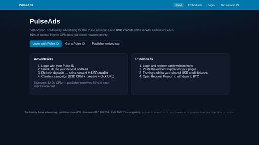 screenshot of PulseAds — Pulse ads - pulsekilnkwau3kofnlpsxt4wwmczsir6gvaqbklamkjex35qe7rhzid.onion