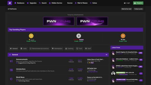 screenshot of PwnForums - pwnfrm7rbf6kyerigxi677lcz5ifmoagdbqqknwdu2by27wfdst5qmqd.onion