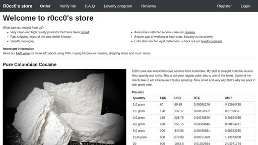 screenshot of R0cc0's store - http://roccoypcnrltvjwvm7o4dnhu2fccm2pkzvr5jw43av6klxl73kcqsdid.onion/account/register
