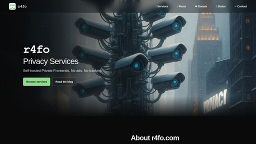screenshot of r4fo | Self-Hosted Private Frontends - http://r4focoma7gu2zdwwcjjad47ysxt634lg73sxmdbkdozanwqslho5ohyd.onion