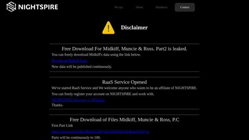 screenshot of RaaS Service Started
 | NightSpire - nspiremkiq44zcxjbgvab4mdedyh2pzj5kzbmvftcugq3mczx3dqogid.onion