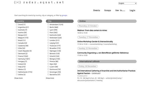 screenshot of radar.squat.net | Alternative and radical events agenda - 3m2pgmhdsgrneurfbi5oxelzbytcgxaeajsmtxuijhen3l3asu3c5yad.onion