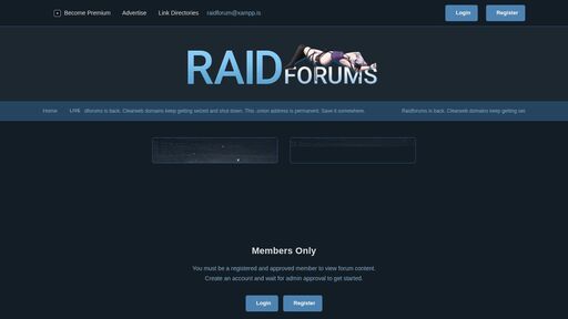 screenshot of Raidforums - Underground Community Forum - raidapliqjyquysluujzuoxhtysao7iyhq3igzw3fhovvxm22ptucgqd.onion