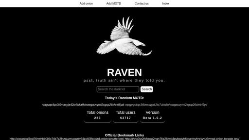 screenshot of RAVEN - Uncensored search engine - http://oxasnbql7rut76nwhbjh3j6x74b7c2fnzauzmupustv34zo4f3fecqad.onion