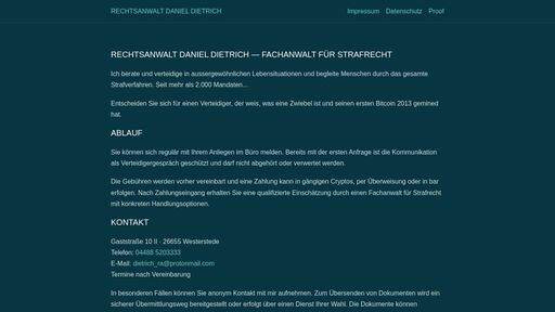 screenshot of Rechtsanwalt Daniel Dietrich | Fachanwalt für Strafrecht - http://lsda5qwsduzrz743rux5fv4yel2uq467oapcivkzde2qsss6rnxupnyd.onion/impressum.html