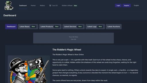 screenshot of Riddler's Stash - Crime Marketplace - Buy & Sell Credit Cards - Software - Backdoors - Ransomware - Exploits - Databases - Leaks .... - rstashbrabv5ezel76m2vdzet4szdzncwvgd2q5y3kbsdw3q6spcglid.onion
