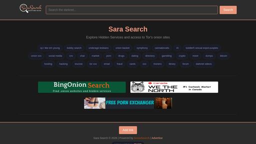 screenshot of Sara Search - Darknet Search Engine - http://dgwq7uzh5ro2f7p34begy4kmxue5gst7lk2spxda63zkrpuegtj4opyd.onion
