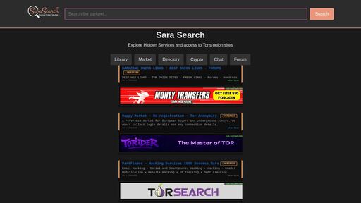 screenshot of Sara Search - Darknet Search Engine - dgwq7uzh5ro2f7p34begy4kmxue5gst7lk2spxda63zkrpuegtj4opyd.onion