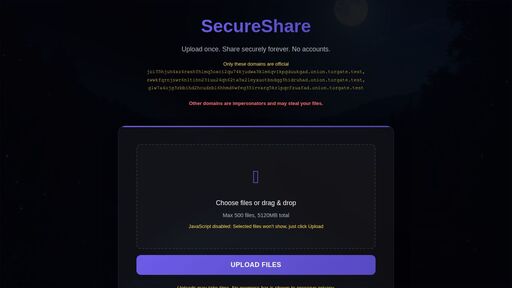 screenshot of SecureShare - Private File Sharing Without Accounts - joi35hjuh4xz4rwshfhlmq5oxci2qu74kjudwa3klm6qvikpgduukgad.onion