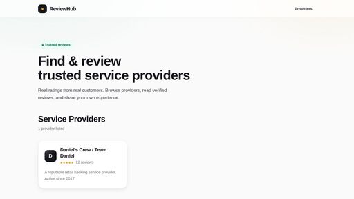screenshot of Service Providers · ReviewHub - hrbr25vditytghxw67fgkahpoznkro4t7cs5t333m3a3mesw5mmehzyd.onion