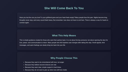 screenshot of She Will Come Back — Love Help ($80, Crypto Only) - v6yanr3lrsegwva6mwvke2g5kn33wtxkoasfikwjqymy2lnvejjq32yd.onion