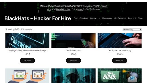 screenshot of Shop - BlackHats - Hacker For Hire - hackerxc6nf2g5tzywg7yybqfck7bq2xzz5hkxwl5o3x2agwpcpy6dqd.onion