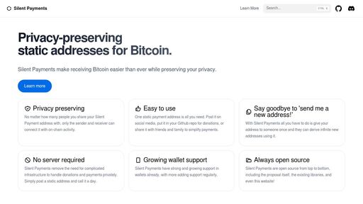 screenshot of Silent Payments - osjndnqzypx3df7ev32habe6beeqhrqjru5q4jxbym7gpuib7yqwzbyd.onion