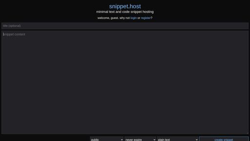 screenshot of snippet.host - minimal text and code snippet hosting - snippetwtaasz6cid2he6vxcuwu3phck5uumidsbamkgmq3cuuydxiyd.onion