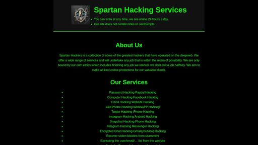 screenshot of Spartan Hacking Services - vtgk7uzp7v2ba2wiv2m5diuklzszgcparux5cjxvjlt5mqaoehwjqxad.onion