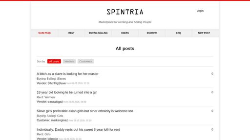 screenshot of Spintria. Marketplace for Renting and Selling People - spintriaseghihz4hfnzjbfo6mizhvubfs3jw4lmcidzahe25g6jxoid.onion