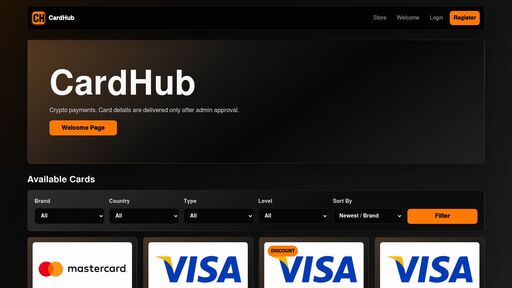 screenshot of Store - CardHub - y6azw2g75gnnbqdnmkywzfgiqx4aichpwk2c5kj53yliq5b3olcq3hqd.onion