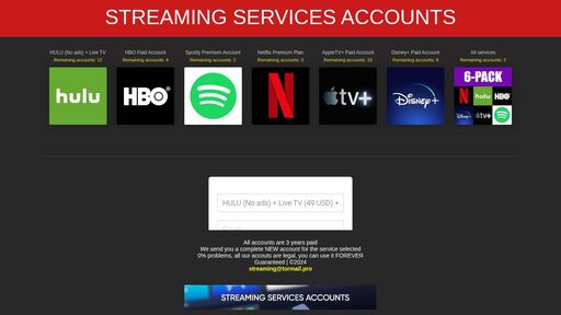 screenshot of STREAMING SERVICES ACCOUNTS - sellaccq5wpvtunhug6mcgb2e3czx3nh7z2d3jo54dfnnj2sibkf2iid.onion