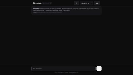 screenshot of Stroncius - Anonymous AI chat - 7dk2mu57tewvohy756lomgwpaqgre7x5jg47fwgqlwc3k5avcihbxlid.onion