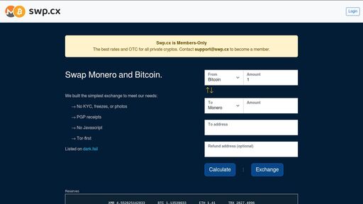 screenshot of swp.cx / Simple cryptocurrency exchange - http://uicrmrtwpfy4y5kddhlwsbsxzykolx73ure5dhd5dst3pc77lfcmm7id.onion?calc=1&from_currency=BTC&from_amount=0.00187399&to_currency=XMR