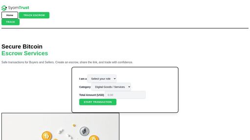 screenshot of SyomTrust - Secure Bitcoin Escrow Service | Safe Crypto Transactions - http://syomte5pa265mk5mrr7sjvqhp5lsgmrvwqbf6wzc3iptvatvv33obpyd.onion
