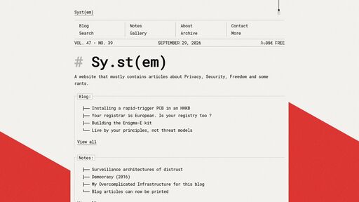 screenshot of Syst(em) - Privacy, Security, Freedom & Rants - kcfz5m3ipji262swznq2ybir3m4b5wwwd7zckhfashp6cuuwyr6ovnyd.onion
