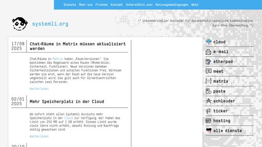 screenshot of systemli.org - your friendly tech collective - http://7sk2kov2xwx6cbc32phynrifegg6pklmzs7luwcggtzrnlsolxxuyfyd.onion/en/index.html