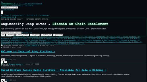 screenshot of Terminal Blog - Zero-Bullshit Technical Insights & Decentralized Publishing - tblog23k4c2j4den7a346fxubfwxp4n2upoq4sk6qv5pngzu4baeuhqd.onion