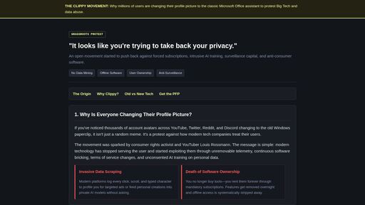screenshot of The Clippy Movement — Why the Paperclip Is Back - clippy2dyjzq5mehwwpomvegttjduklqyxy2wdbka7irdjx5kzriy7ad.onion