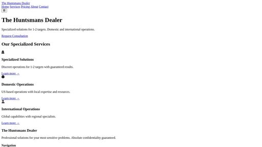 screenshot of The Huntsmans Dealer | Professional Services - fj2w33cgqujcn6225iuti4bd5cyw7revfdqzzlc3wxeox2uqoxknhtid.onion